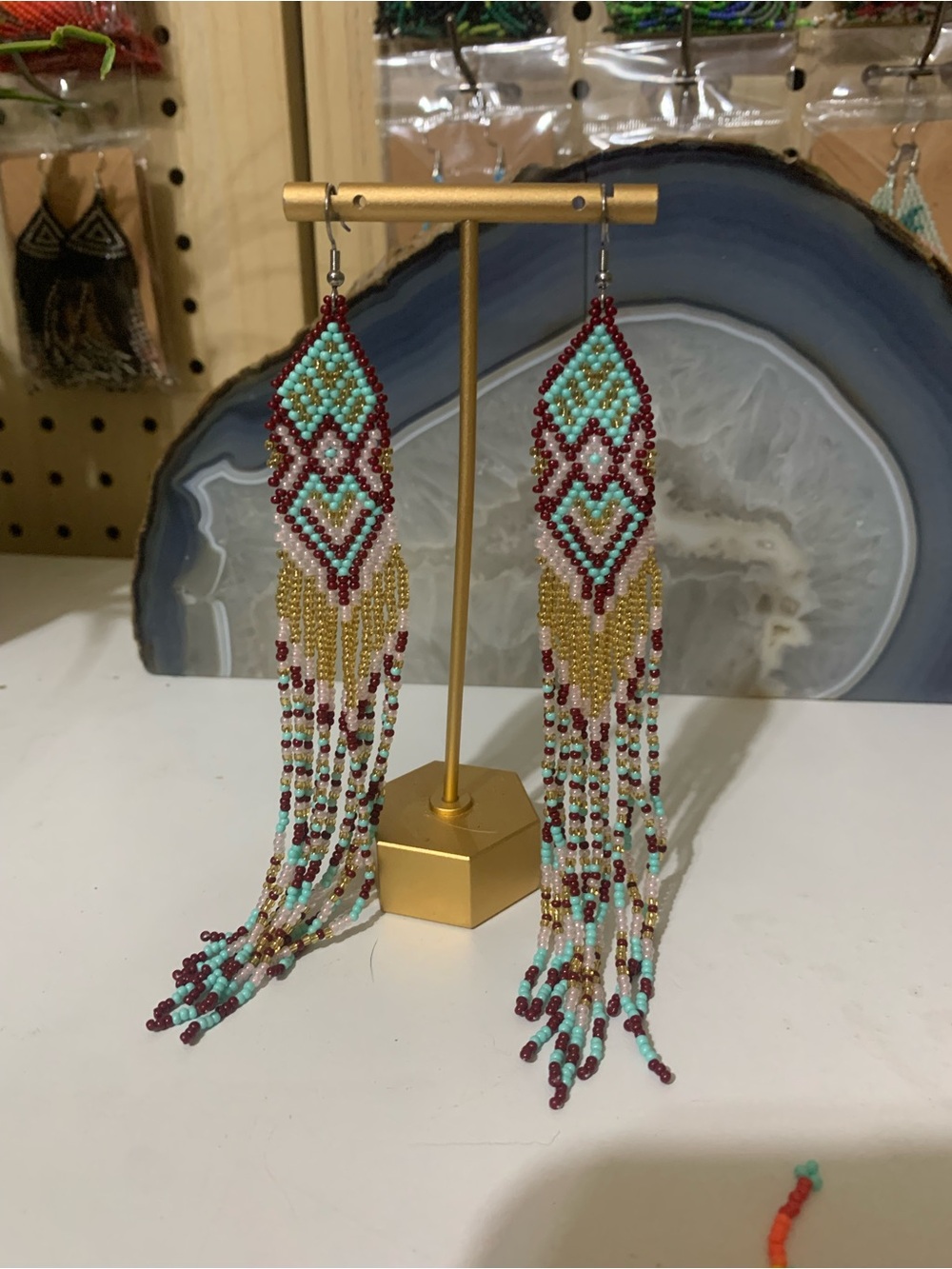 Beaded Fringe Earrings – Turquoise, Gold & Burgundy